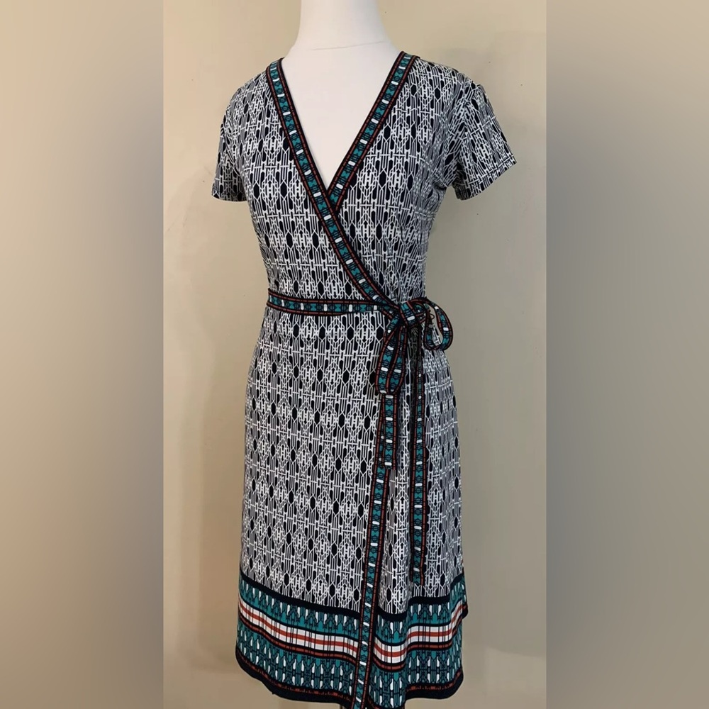 Max Studio Black and White Geometric Midi Wrap Dress